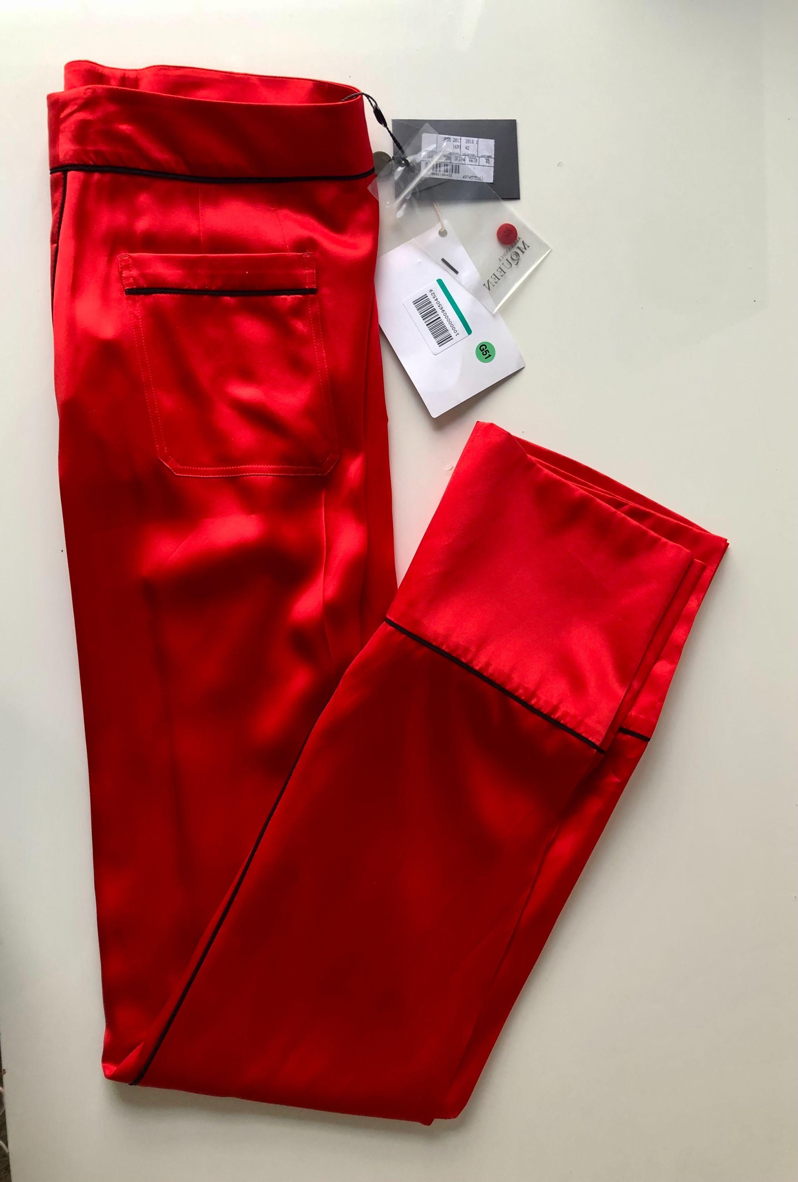 Red Silk Pants with Contrast Piping
