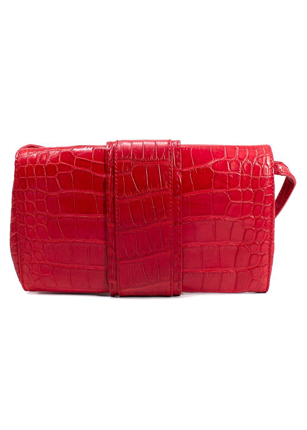 Giorgio Armani Red Crocodile Embossed Buckle Shoulder Bag