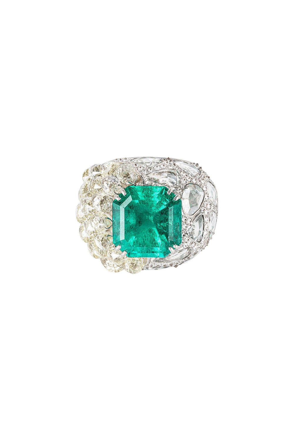 Diamond & Emerald 18ct White Gold - Size 52