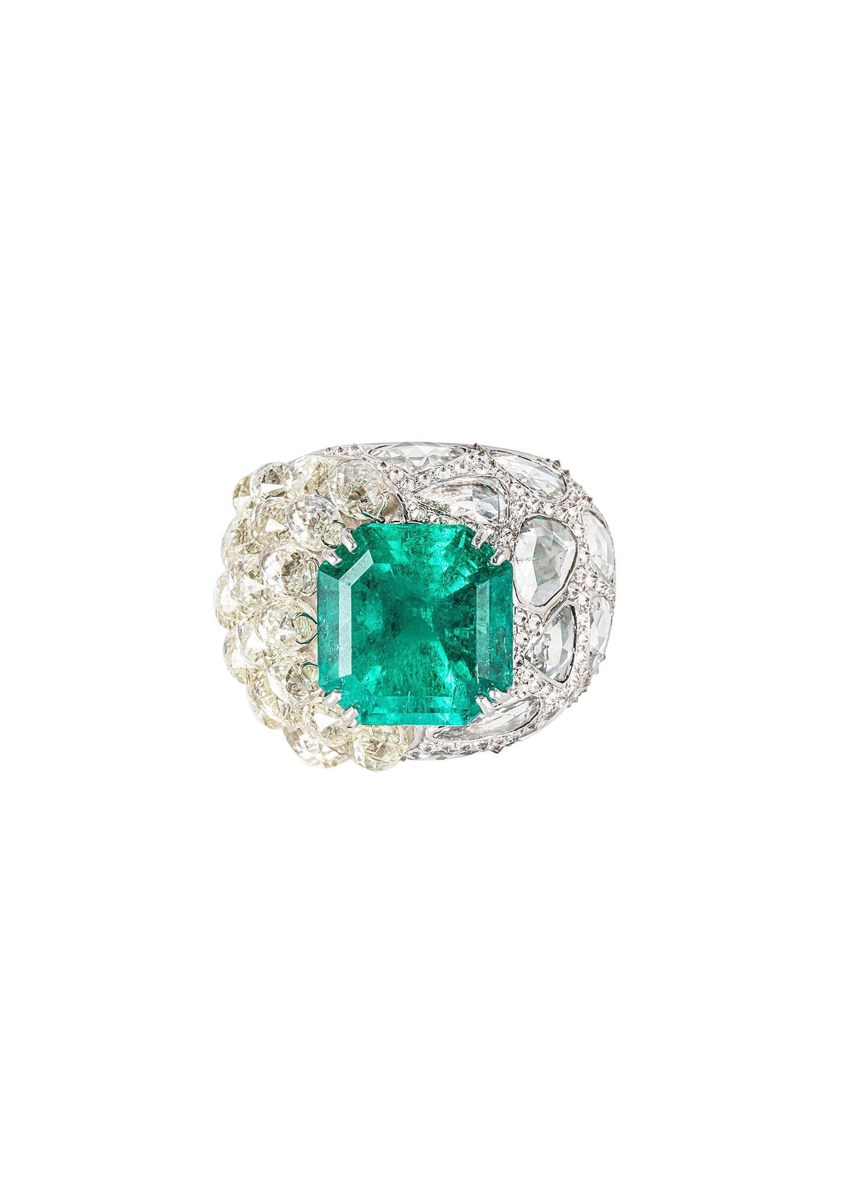 Diamond & Emerald 18ct White Gold - Size 52