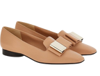 Ferragamo Leda Camel Leather Bow Detail Loafers