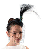 Black & Peacock Blue Crystal Embellished Mini Disc Fascinator with Veil