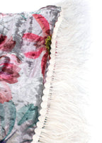 Elegant Embroidery Floral Silver Crushed Velvet Wrap Kaftan with Feather Trim