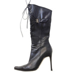 Casadei Black Leather Knee High Stilleto Lace Up Boots