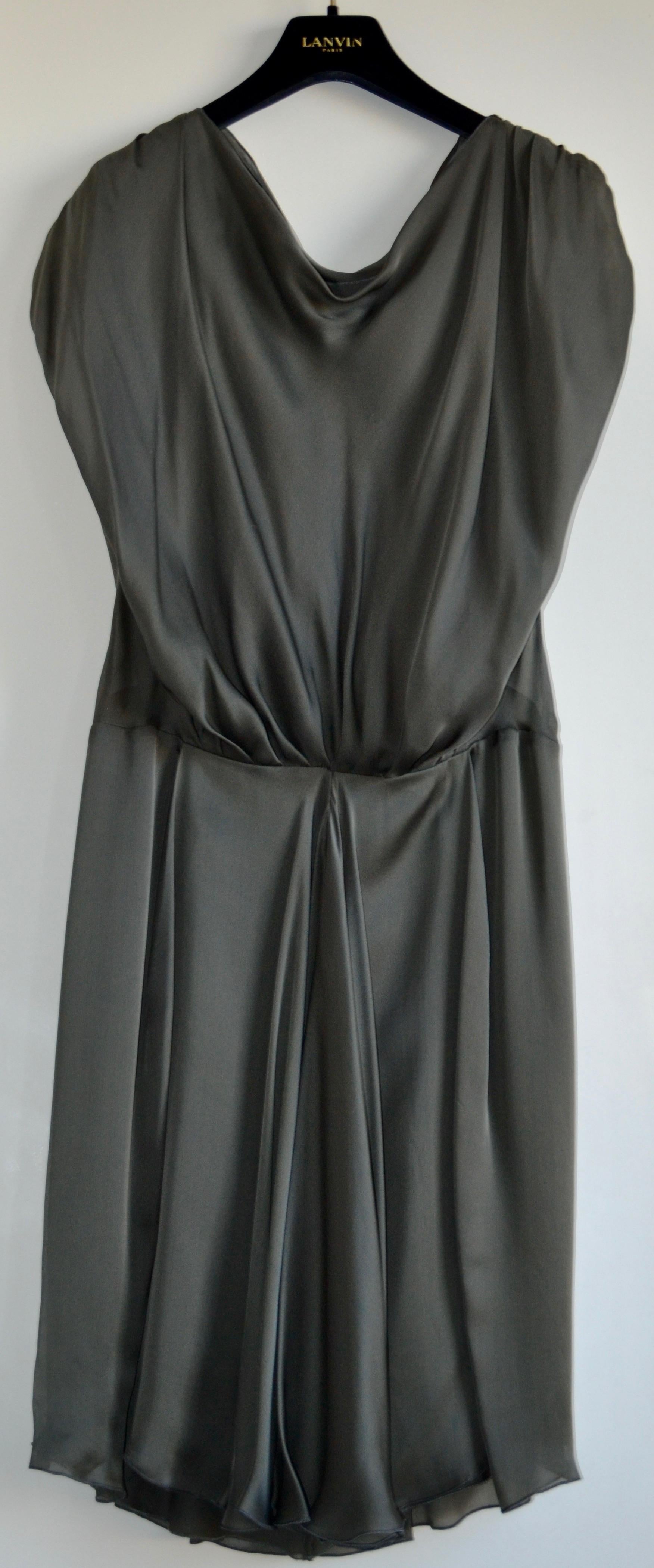 Olive silk satin draped dress