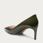 Bally Khaki Mid Heel Patent Pumps
