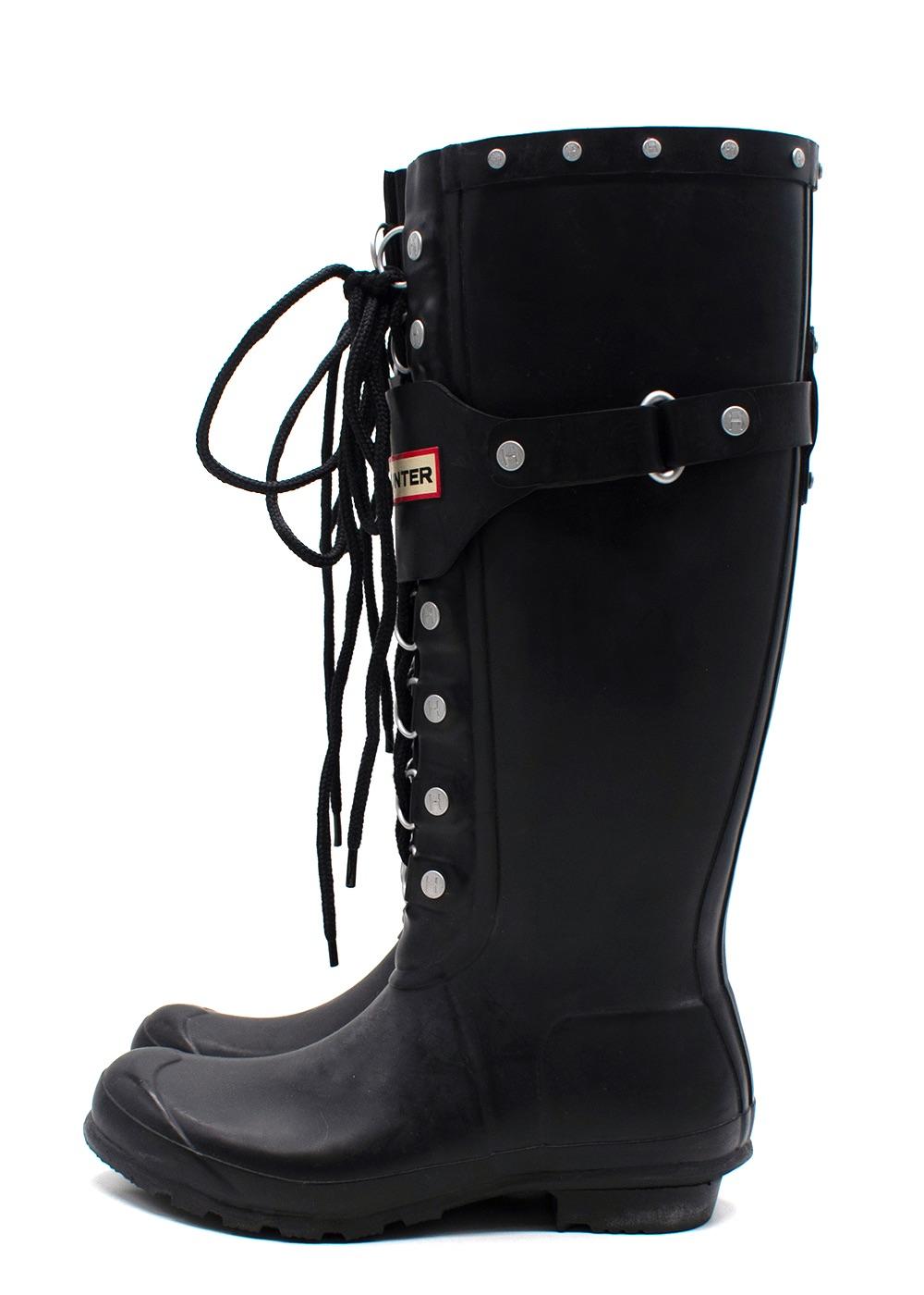 Hunter Black Lace Up Embellished Festival Wellington Boots