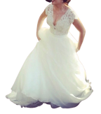 White Lace Body Bridal Gown With Full Skirt And Train