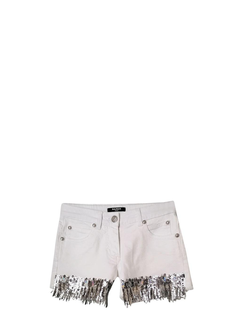 White Denim Sequin Fringed Shorts