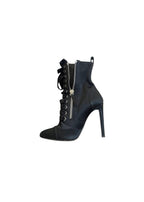 Black Twill Lace Up Heeled Booties