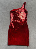Saint Laurent Red Sequin One Shoulder Mini Dress