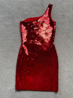 Saint Laurent Red Sequin One Shoulder Mini Dress
