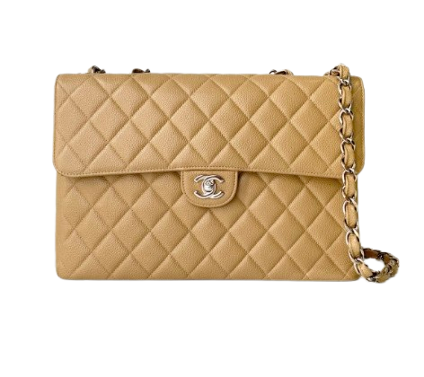 Chanel Beige Caviar Leather Quilted Jumbo Flap Bag