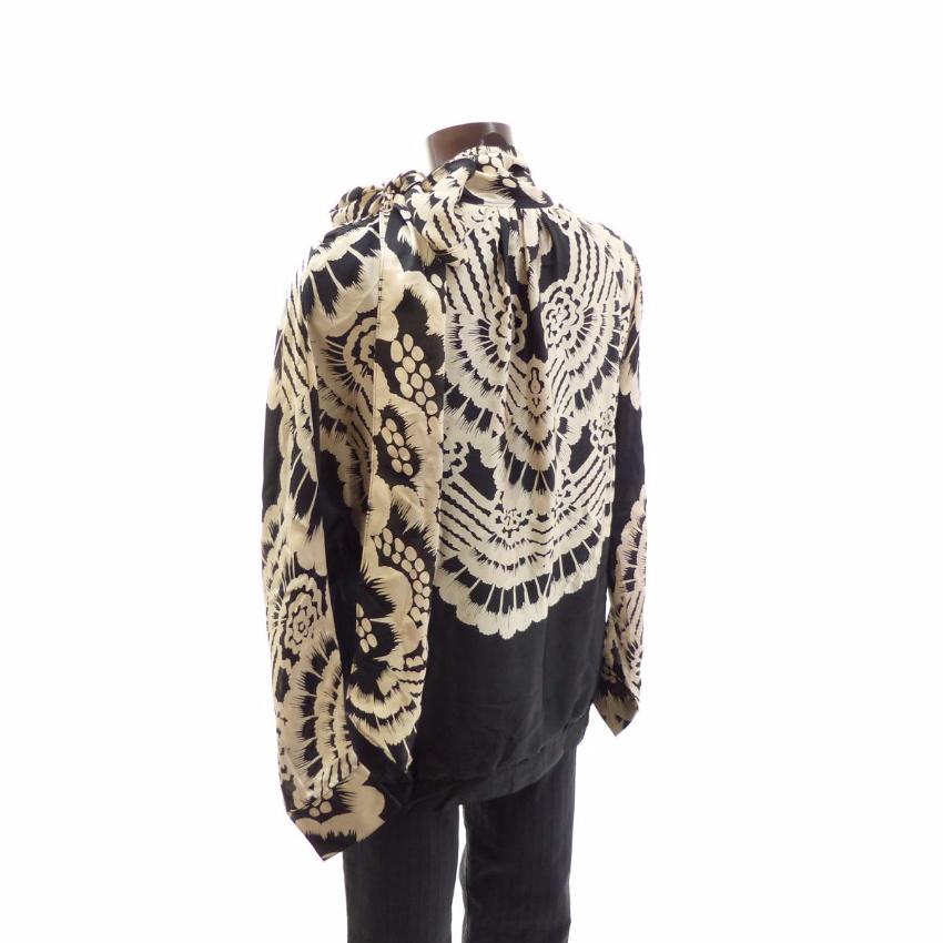 PAUL & JOE Black Cream Floral Print Silk Bow Tie Blouse