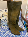 Khaki Suede Embroidered Knee Boots
