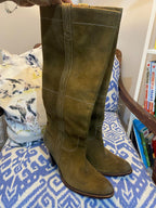 Khaki Suede Embroidered Knee Boots
