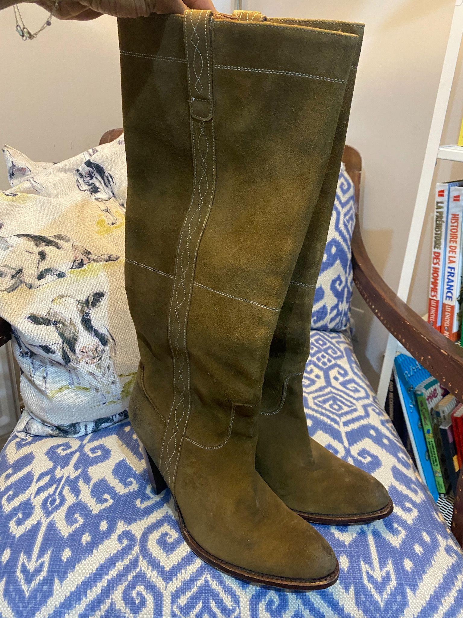 Khaki Suede Embroidered Knee Boots