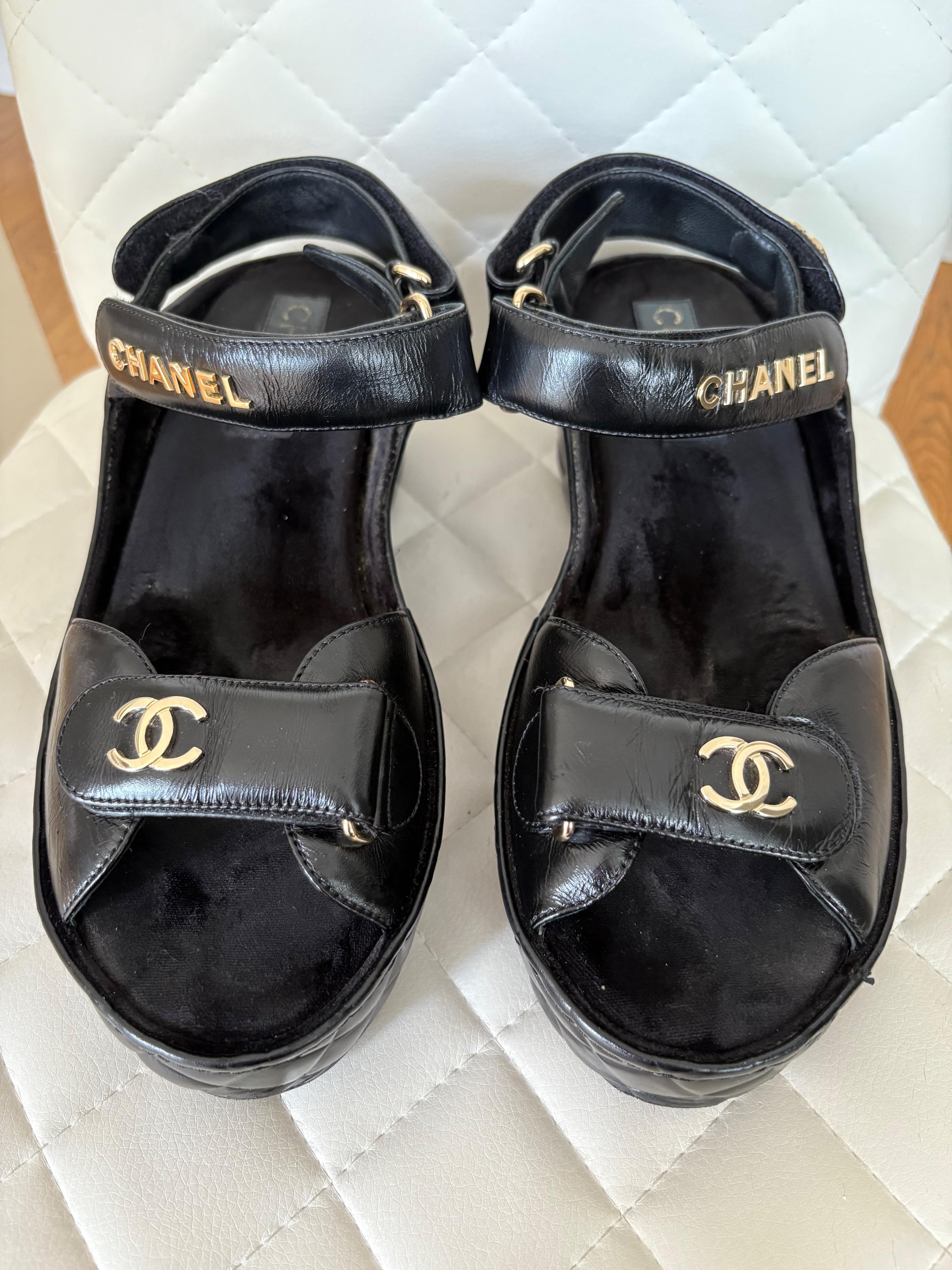Chanel Black Leather Wedge Sandals