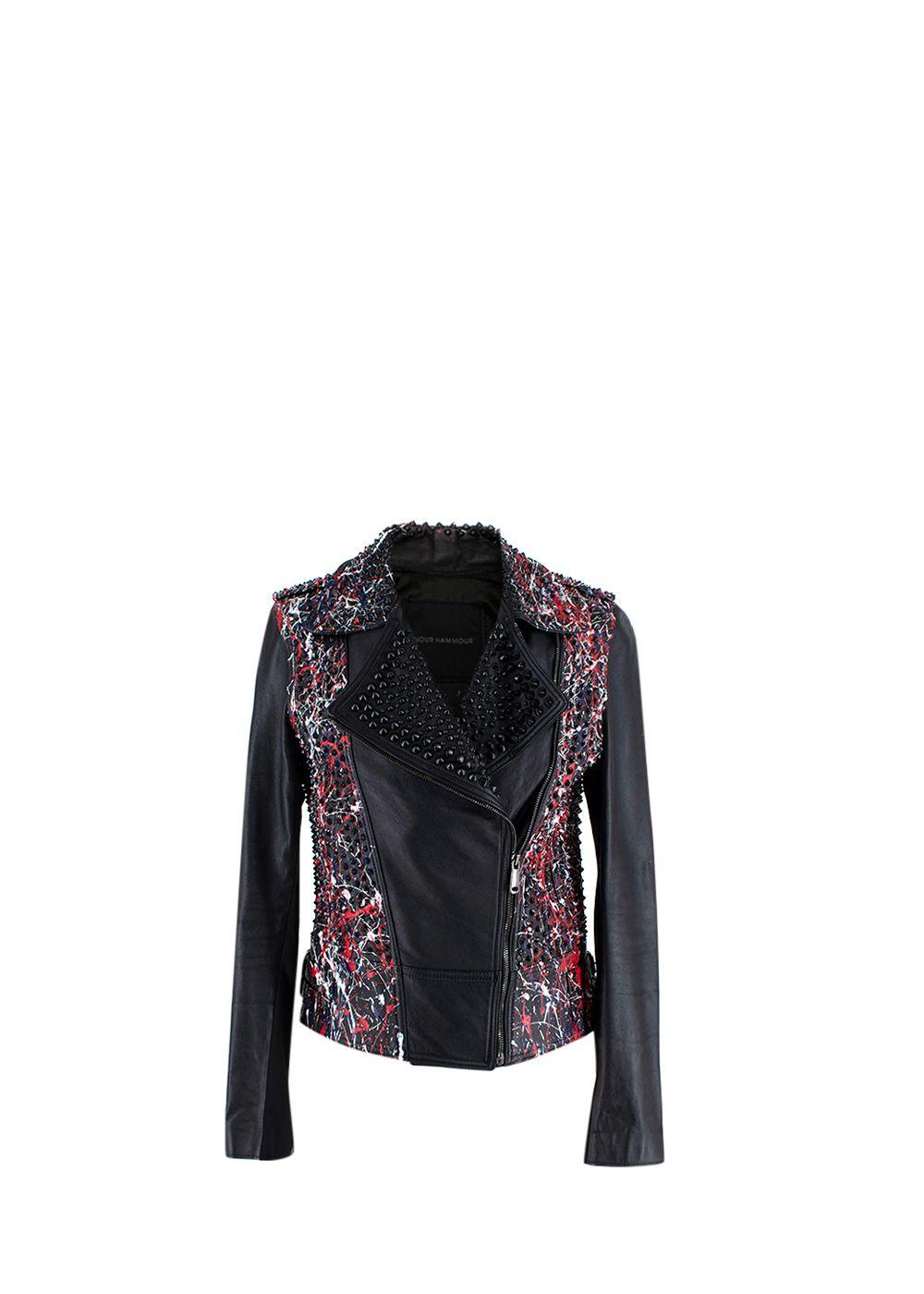 Black Leather Studded Jacket With Paint Splatter Effect