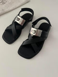 Hermes Black Leather Ines Sandals