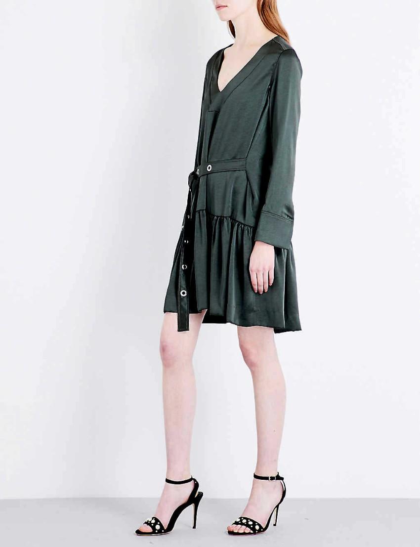 Sandro Olive Satin Dress with Eyelet Detailed Belt