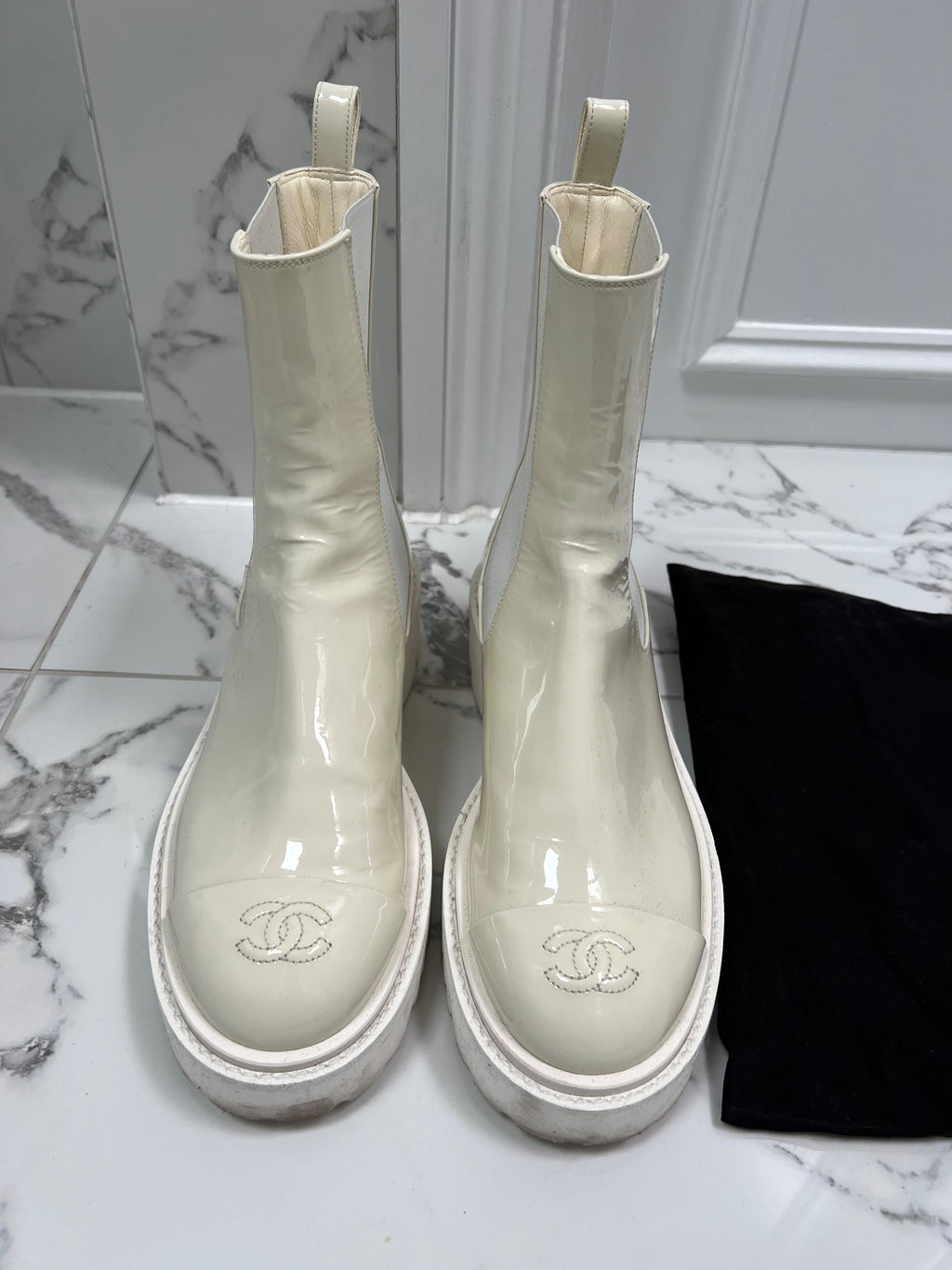 White Patent Leather CC Chunky Boots