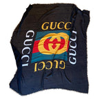 Gucci Black Logo Print Wool & Silk Scarf