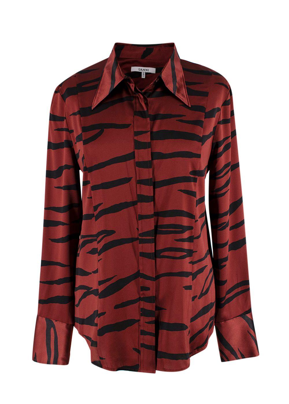 Ganni Deep Red Tiger Print Silk Shirt
