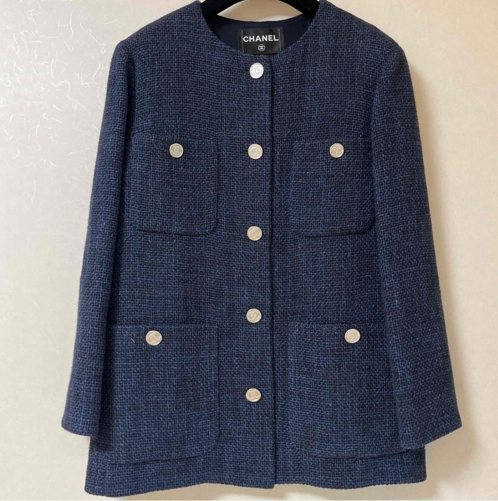 Chanel Blue Tweed Button Front Jacket