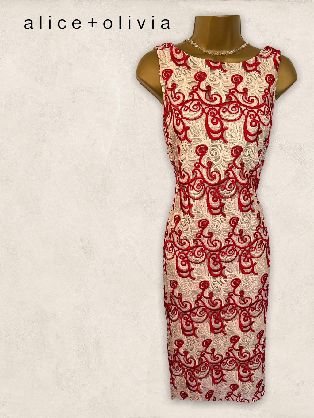 Red & white guipure lace low-back dress