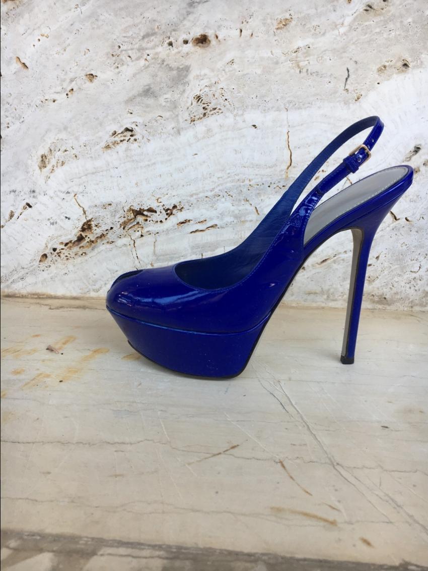 Sergio Rossi Blue Patent Peep-Toe Slingback Pumps