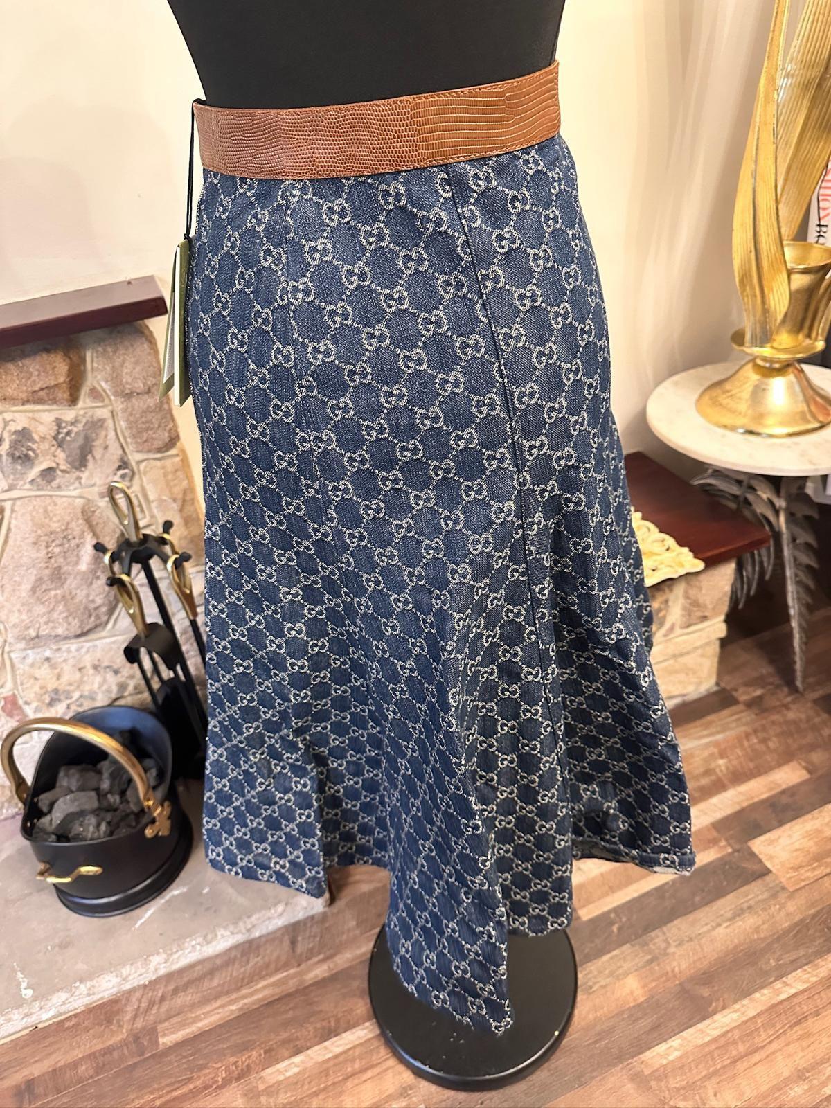 Gucci Monogram Denim Skirt with Leather Trim