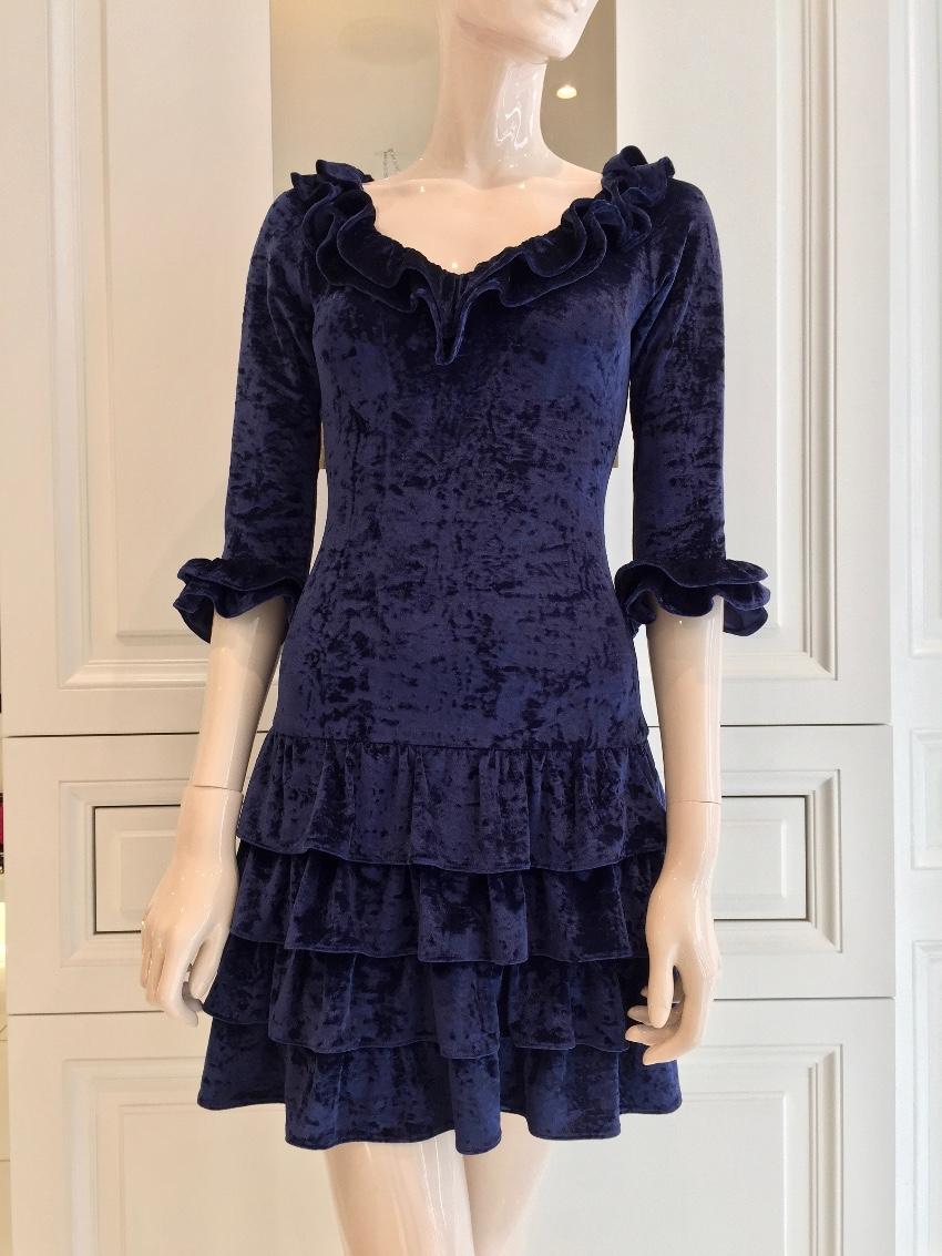 French Couture Navy Blue Panne Velvet Dress