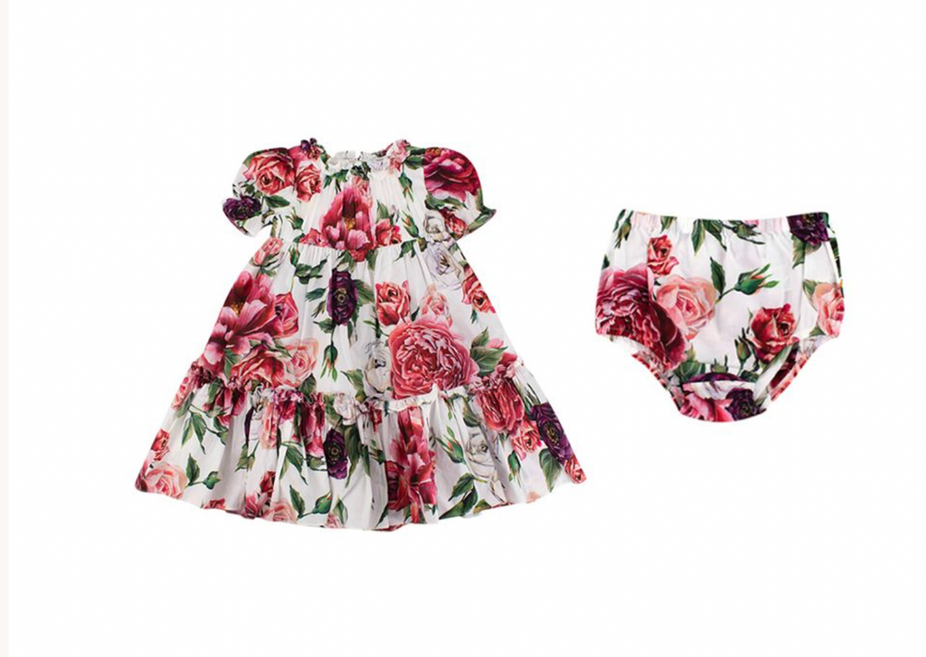White Rose Print Cotton Dress & Bloomers