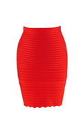 Red Stretch Knit Bandage Skirt with Scalloped Hem
