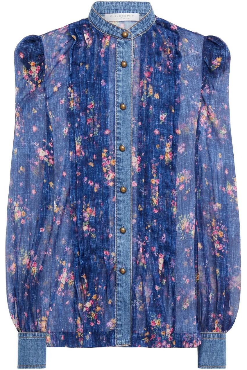 Philosophy Di Lorenzo Serafini Denim Trimmed Floral Chiffon Blouse