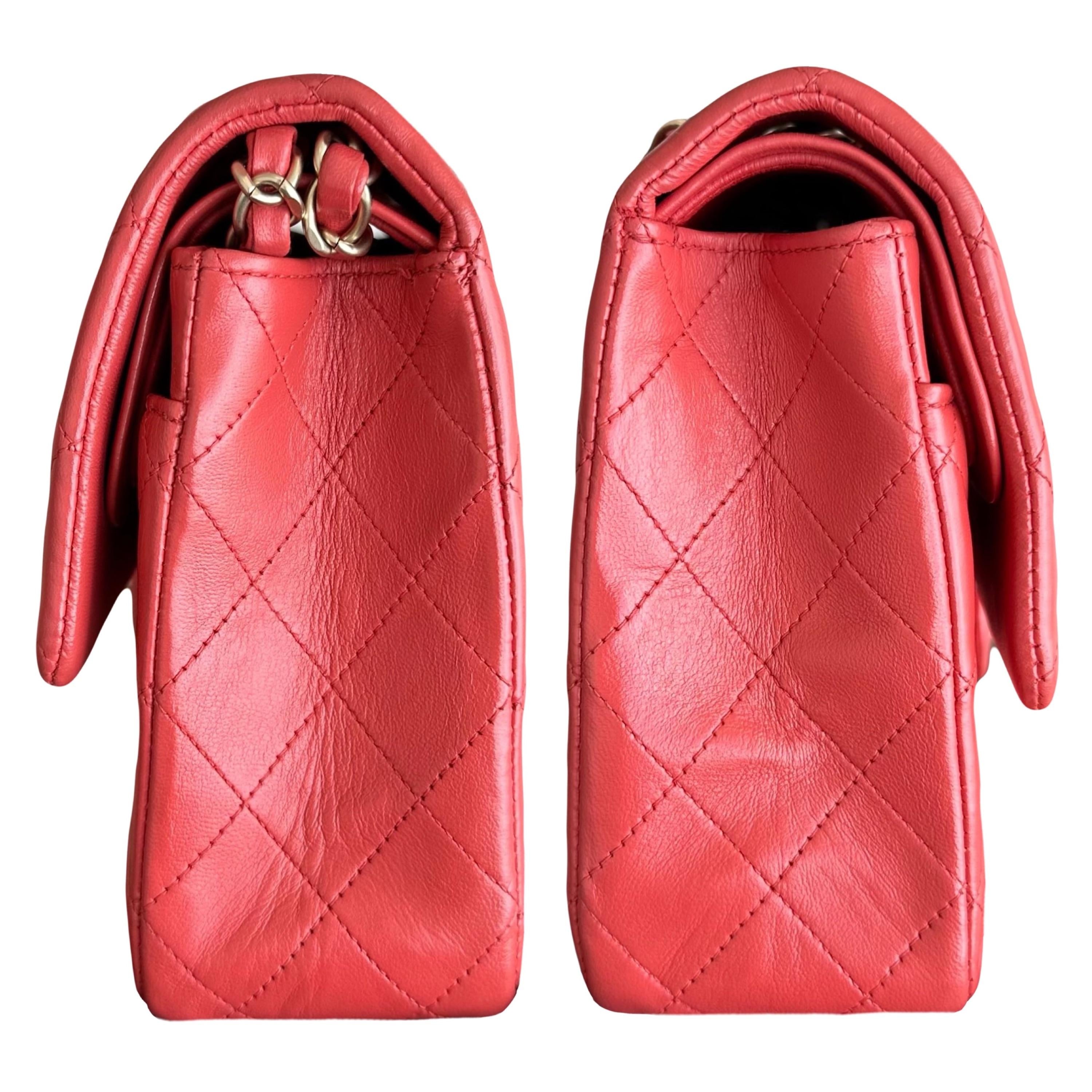 Chanel Red Lambskin Medium Double Flap Bag with Brushed Gold Hardware