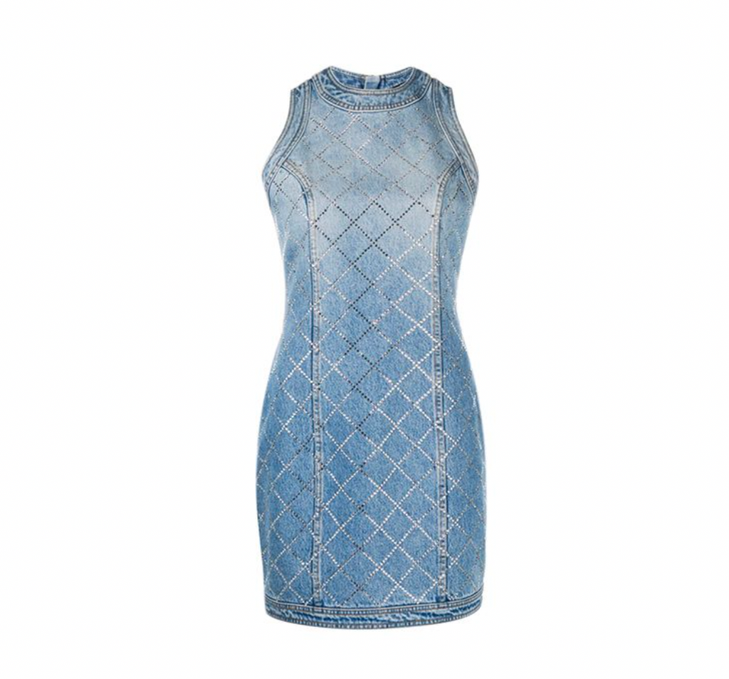 Blue rhinestone embellished fitted denim dress