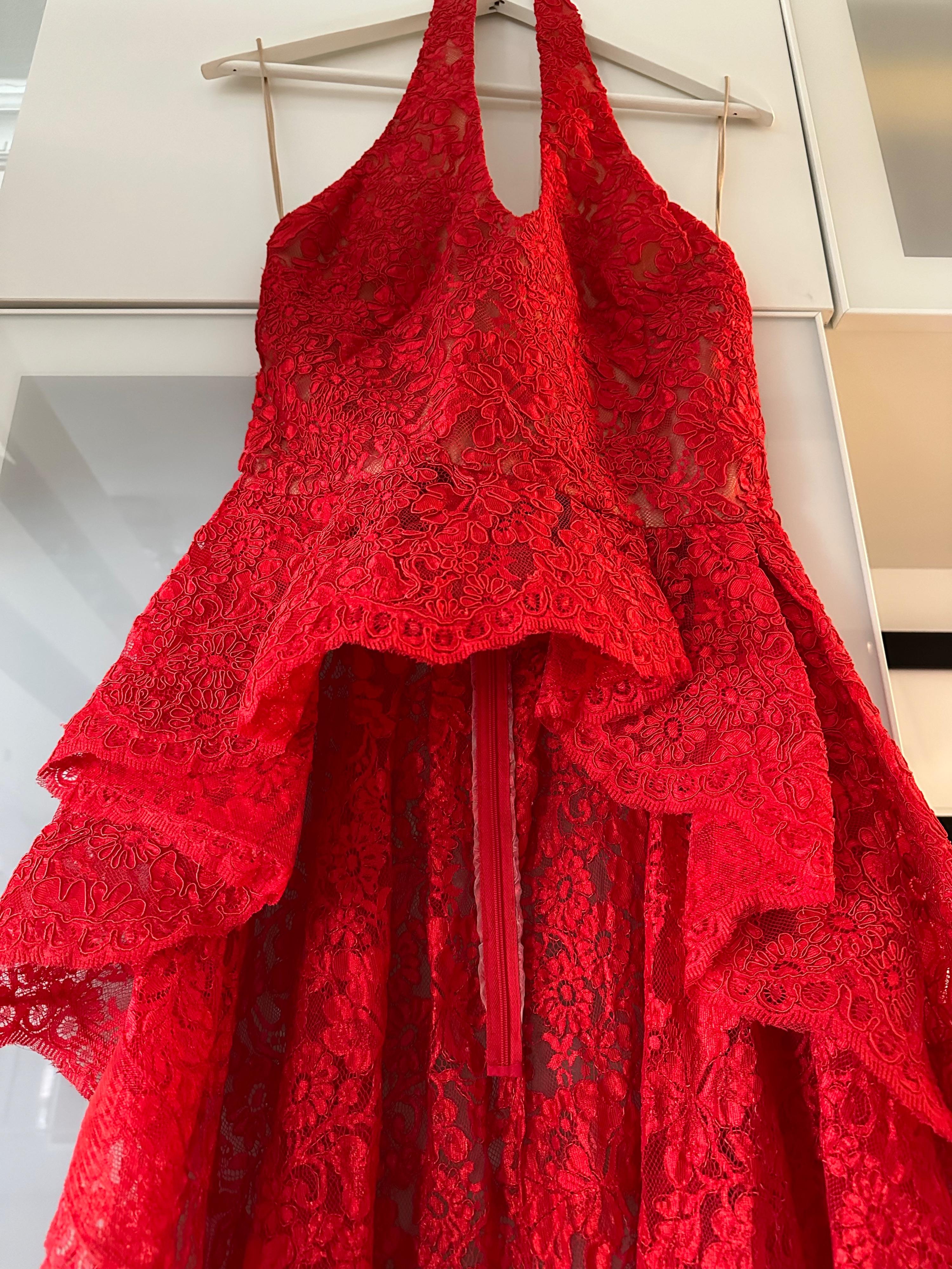 Reem Acra Red Lace Halter-neck Top with Train