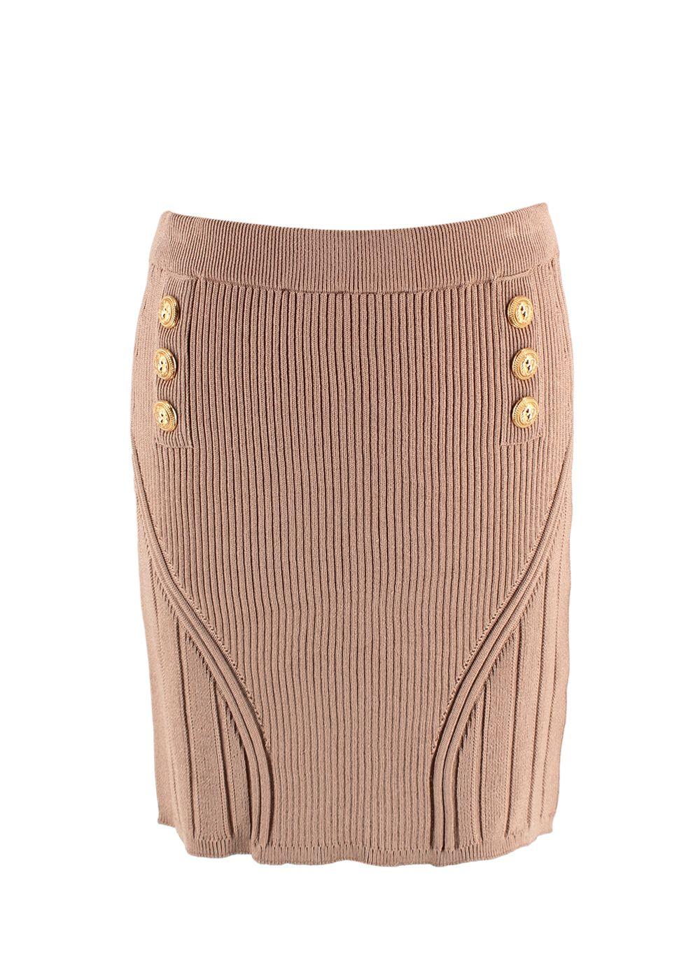 Balmain Camel Ribbed Knit Mini Skirt with Gold Button Detail