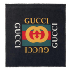 Gucci Black Logo Print Wool & Silk Scarf
