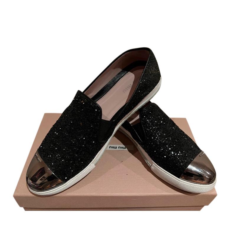 Miu Miu  Black Metallic Silver Toe Cap Slip-On Trainers