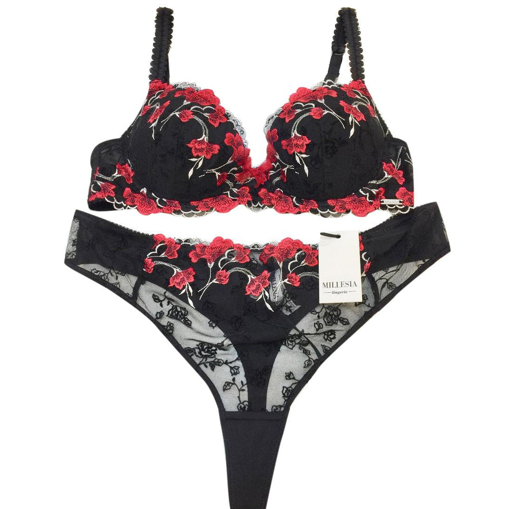 Millesia Embroidered Flowers Red & Black Padded Bra & Thong Set