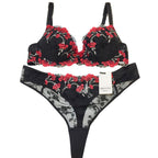 Millesia Embroidered Flowers Red & Black Padded Bra & Thong Set
