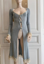Blumarine Blue Velvet Bows & Cream Leavers Lace Soft Overcoat Cardigan