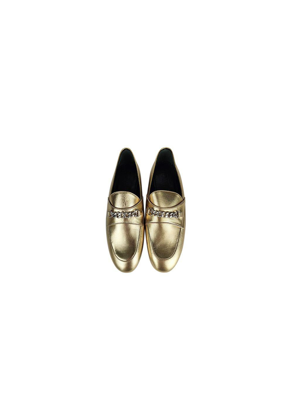 Gold leather chain embellished flat loafers