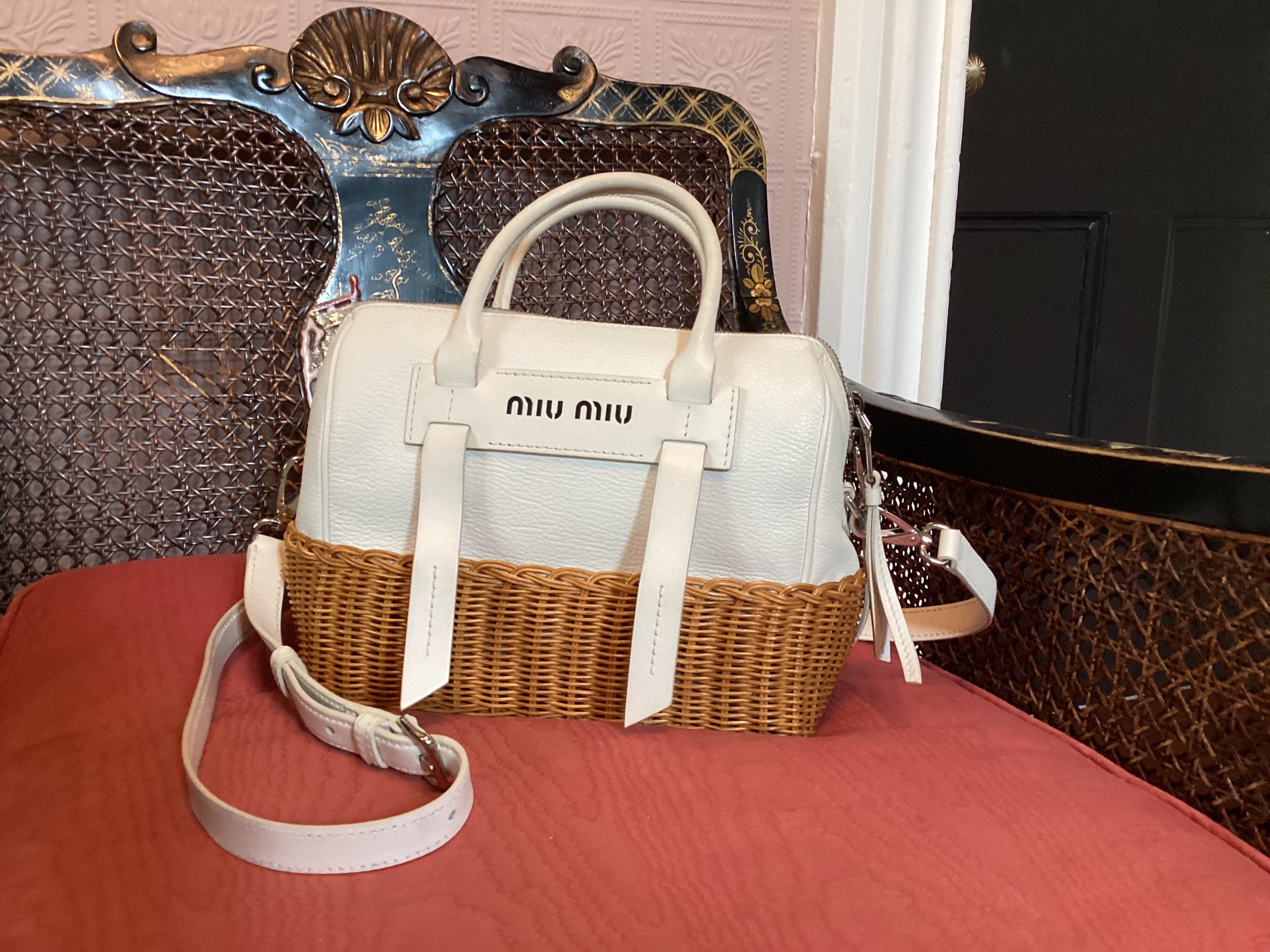 Miu Miu White Midollino Leather and Raffia Top Handle Bag