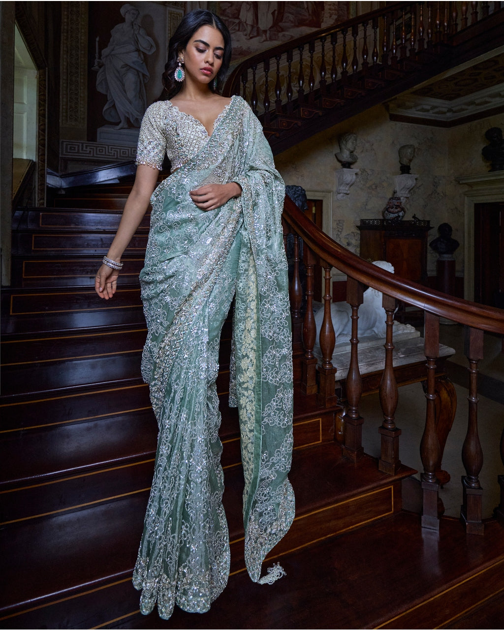 Ivory Sage Zardosi Sari Set By KYNAH, Luxury Indian Fashion & Bridal Wear