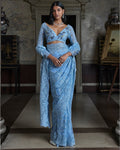 Powder Blue Thread Work Sari Set By KYNAH, Luxury Indian Fashion & Bridal Wear