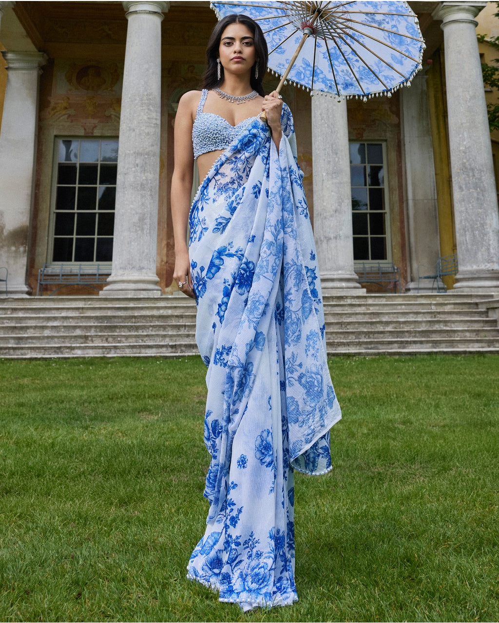 Ivory & Blue Sequin Sari Set By KYNAH, Luxury Indian Fashion & Bridal Wear
